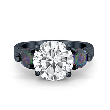 Three Stone Ring Round Black Tone, Simulated Cubic Zirconia 925 Sterling Silver